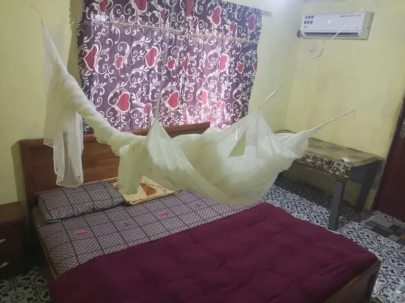 Twin bedroom with mosquito net — Yogi Guest House